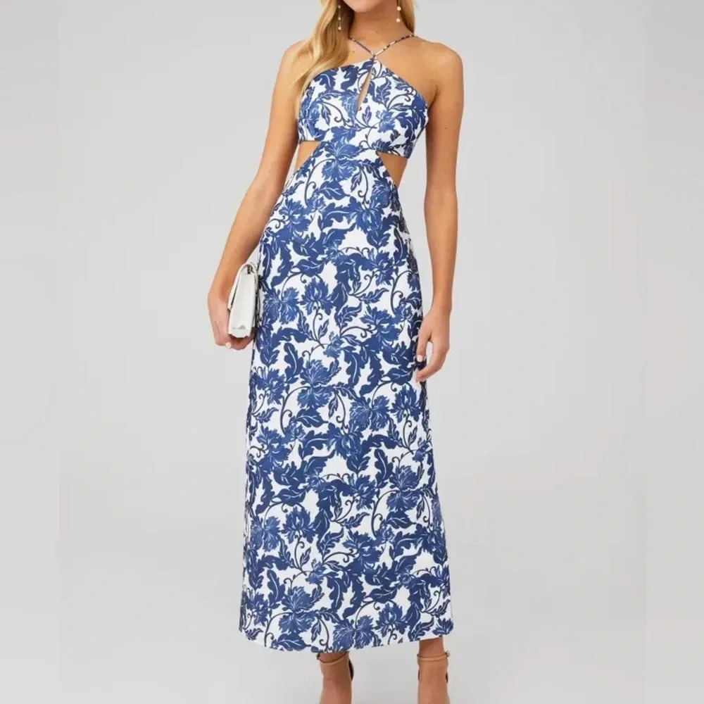 Elegant Blue and White Backless Dress